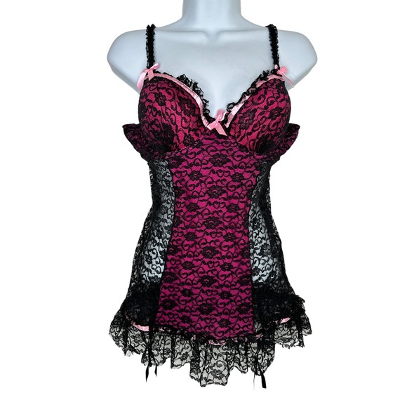 Victoria's Secret Other - VICTORIA'S SECRET Black Pink Lace Babydoll Teddy Lingerie 36B Garter One Piece A
